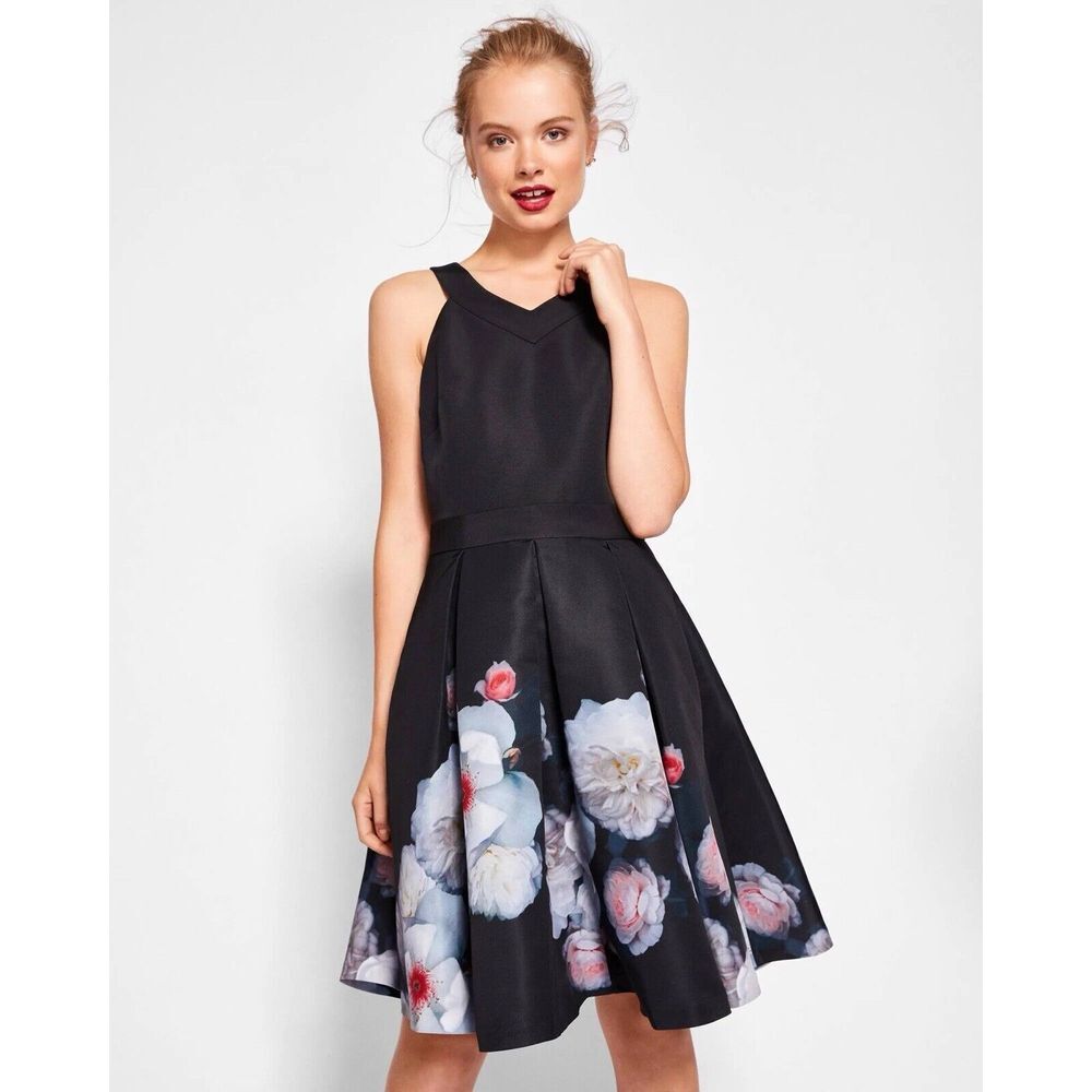 Ted Baker Women's Jelina Chelsea Skater Dress Flattering Black Floral US Size 10